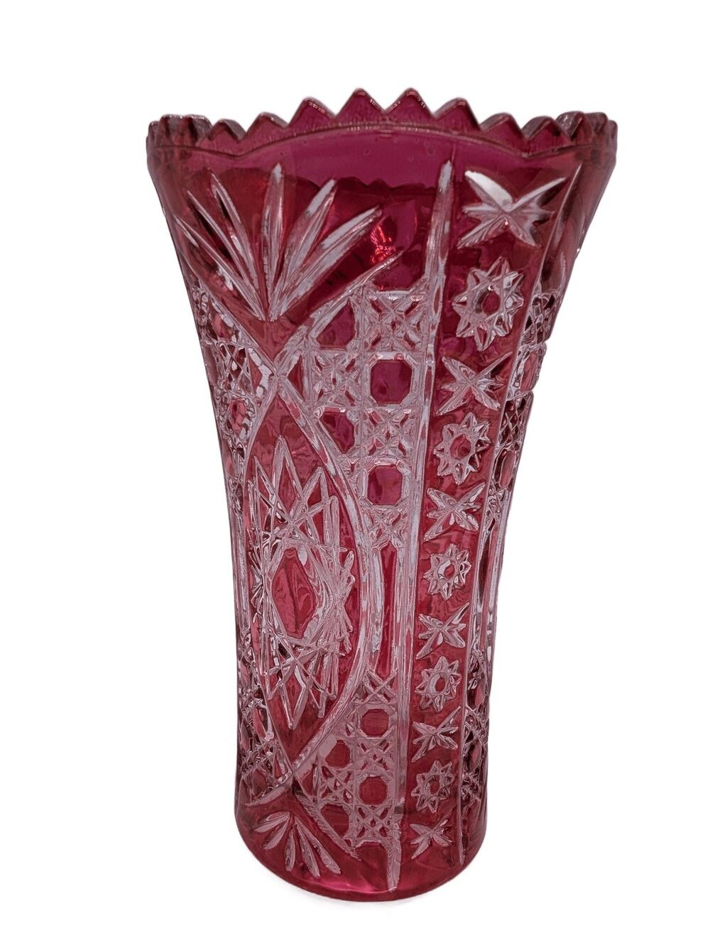 Vintage Bohemian Cranberry Cut to Clear Crystal Vase Sawtooth Rim Star Floral
